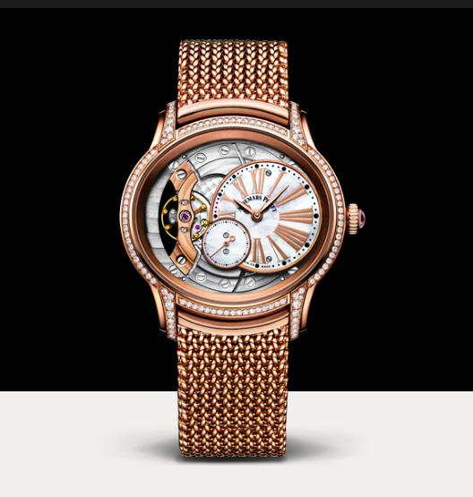 The 18k rose gold copy watches are decorated with diamonds.